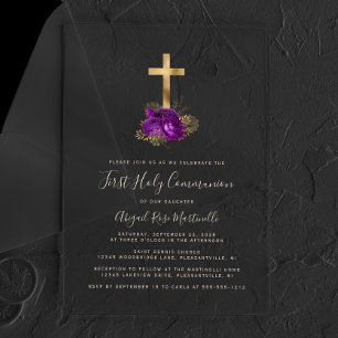 Invitaciones Acrílicas Primera Comunión Cruz Dorada Floral Púrpura Texto 