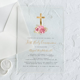 Invitaciones Acrílicas Primera Comunión Cruz Dorada Floral Rosa