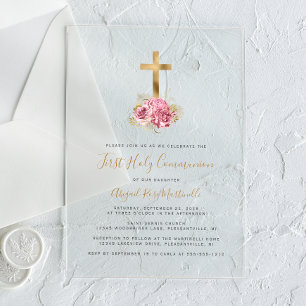 Invitaciones Acrílicas Primera Comunión Cruz Dorada Floral Rosa