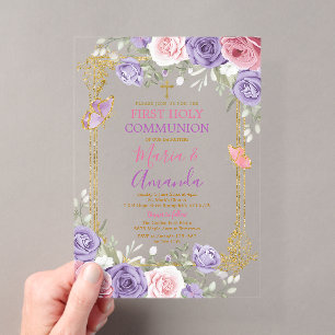 Invitaciones Acrílicas Primera Comunión Cruz Dorada Floral Rosa Púrpura
