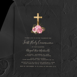 Invitaciones Acrílicas Primera Comunión Cruz Dorada Floral Rosa Texto Dor