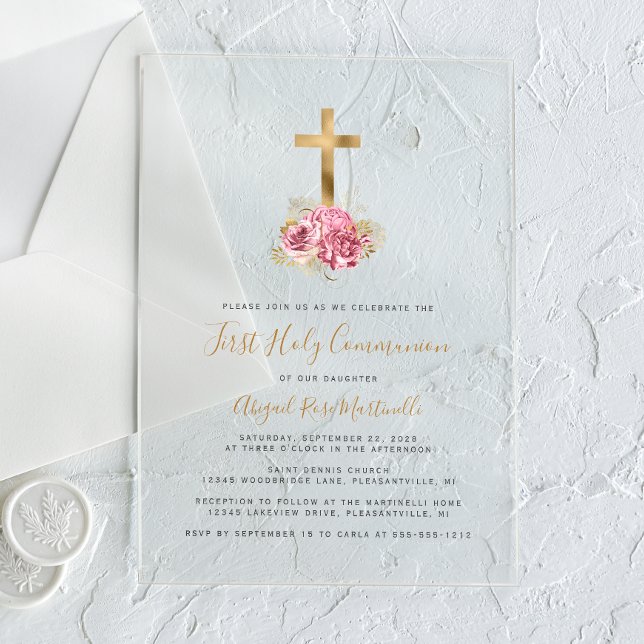 Invitaciones Acrílicas Primera Comunión de la floral rosa de la cruz del  (Subido por el creador)