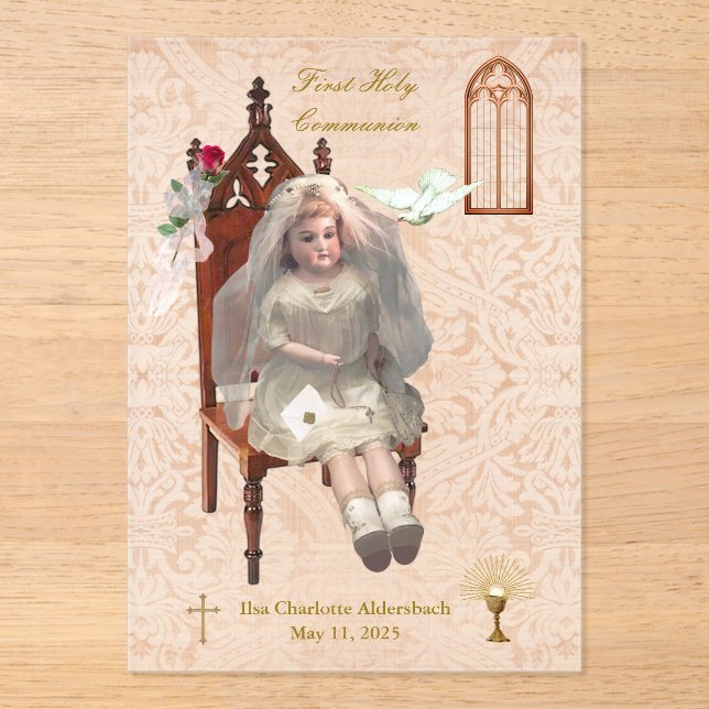Invitaciones Acrílicas Primera Comunión de la muñeca antigua Keepsake acr (Anverso)