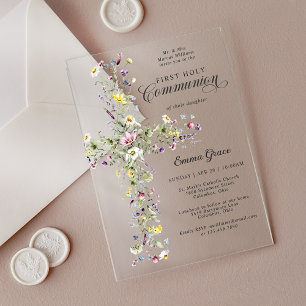 Invitaciones Acrílicas Primera Comunión de Niña Flores Silvestres Cruz Fl
