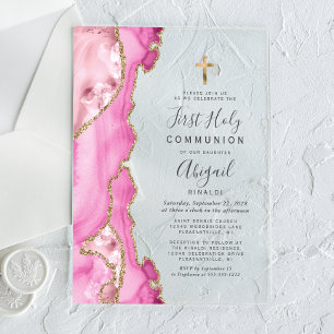 Invitaciones Acrílicas Primera Comunión de Niñas con Ágata de Oro Rosa