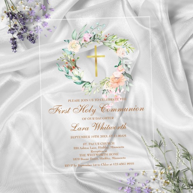 Invitaciones Acrílicas Primera Comunión de oro cruza acuarela floral (First Holy Communion Gold Cross Watercolor Floral Acrylic Invitations)