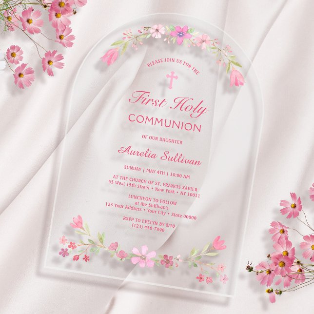 Invitaciones Acrílicas Primera comunión del Arco de Flores Rosa (Subido por el creador)