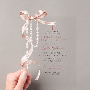 Invitaciones Acrílicas Primera Comunión Elegante con Lazo Mocha y Rosario