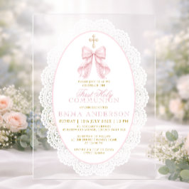 Invitaciones Acrílicas Primera Comunión Elegante Lazo Rosa