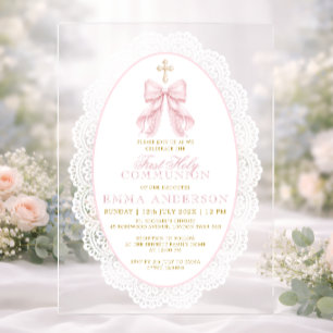Invitaciones Acrílicas Primera Comunión Elegante Lazo Rosa