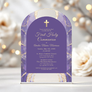 Invitaciones Acrílicas Primera Comunión Elegante Púrpura Oro Ágata