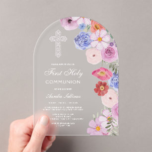 Invitaciones Acrílicas Primera Comunión Elegantes Flores Silvestres Acuar
