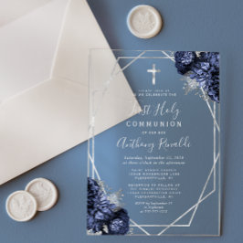 Invitaciones Acrílicas Primera Comunión Floral Azul Marino Geo Plata