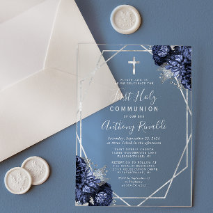 Invitaciones Acrílicas Primera Comunión Floral Azul Marino Geo Plata