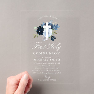 Invitaciones Acrílicas Primera comunión floral azul marino y polvoriento