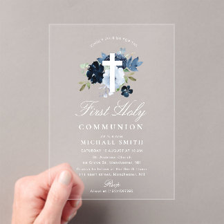 Invitaciones Acrílicas Primera comunión floral azul marino y polvoriento