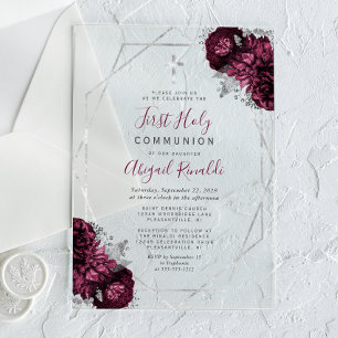 Invitaciones Acrílicas Primera Comunión Floral Borgoña con Marco de Plata