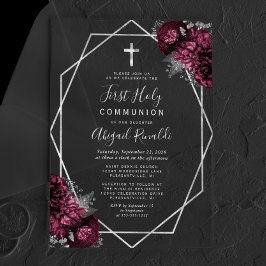 Invitaciones Acrílicas Primera Comunión Floral Borgoña Plata