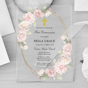 Invitaciones Acrílicas Primera Comunión floral de rosa rosa elegante
