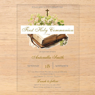 Invitaciones Acrílicas Primera Comunión floral para niña