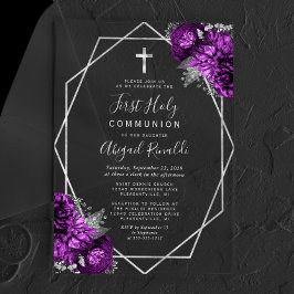 Invitaciones Acrílicas Primera Comunión Floral Purpúrea con Texto Platead