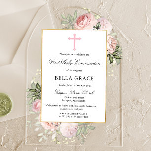 Invitaciones Acrílicas Primera Comunión Floral Rosa Rosa Rústica
