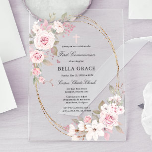 Invitaciones Acrílicas Primera Comunión Floral Rosa Rosa Rústica