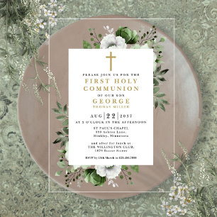 Invitaciones Acrílicas Primera Comunión Floral Verde Oliva Moderna