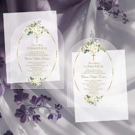 Invitaciones Acrílicas Primera Comunión Flores Blancas de Lujo Doradas