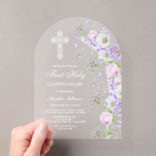 Invitaciones Acrílicas Primera Comunión Flores de Lila en Acuarela Elegan