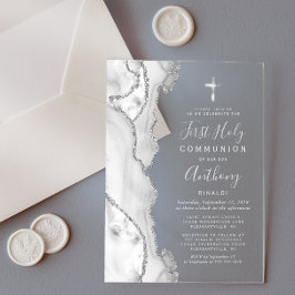 Invitaciones Acrílicas Primera Comunión Gris Plata Ágata