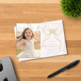 Invitaciones Acrílicas Primera Comunión Lazo Marfil Perlas Foto