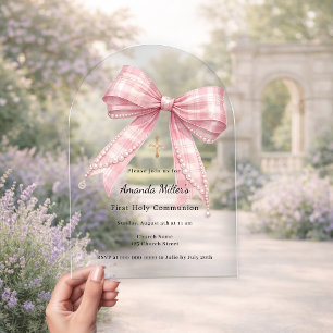 Invitaciones Acrílicas Primera Comunión lujo arco tartán lazo rosa