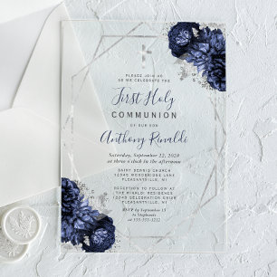 Invitaciones Acrílicas Primera Comunión Marco de Plata con Floral Azul Ma
