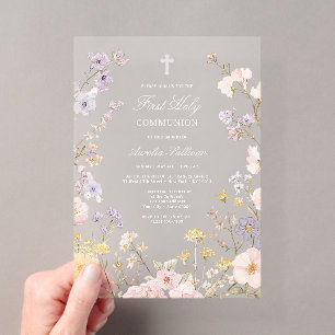 Invitaciones Acrílicas Primera Comunión Marco Floral Pastel