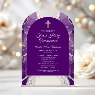 Invitaciones Acrílicas Primera Comunión Morado Plata Ágata Elegante