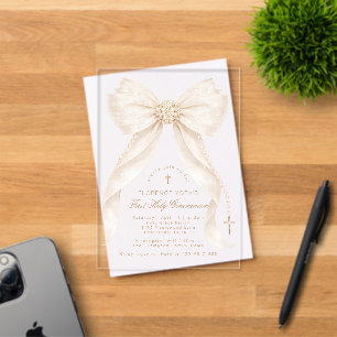 Invitaciones Acrílicas Primera Comunión Neutro Lazo Perlas Oro
