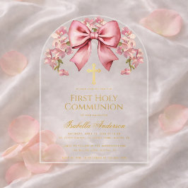 Invitaciones Acrílicas Primera Comunión niña arco floral rosa elegante