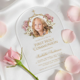Invitaciones Acrílicas Primera Comunión Niña Dorada Foto Floral Rosa Eleg