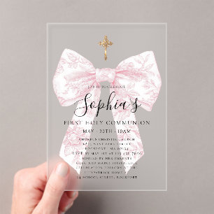 Invitaciones Acrílicas Primera Comunión niña lazo toile rosa escarchado