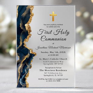 Invitaciones Acrílicas Primera Comunión Niño Agata Azul y Oro