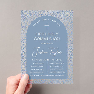 Invitaciones Acrílicas Primera Comunión Niño Arco Azul con Patrón Floral