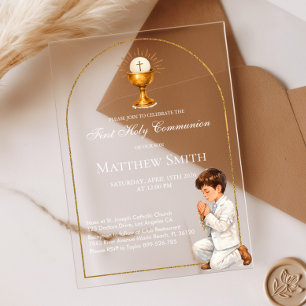 Invitaciones Acrílicas Primera Comunión Niño Arco y Cáliz Boho Dorado