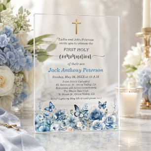 Invitaciones Acrílicas Primera Comunión Niño Cruz Dorada Floral Azul