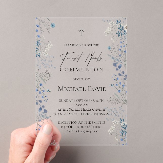 Invitaciones Acrílicas Primera Comunión pequeñas flores acuarela azules (Insitu (portátil))