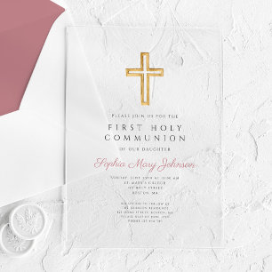Invitaciones Acrílicas Primera Comunión Religiosa Cruz Rosa Moderna Niña