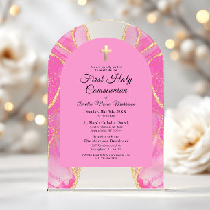 Invitaciones Acrílicas Primera Comunión Rosa Ágata Dorada Elegante