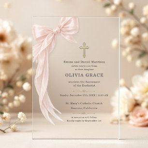 Invitaciones Acrílicas Primera Comunión Rosa Coquette Bow Niña 