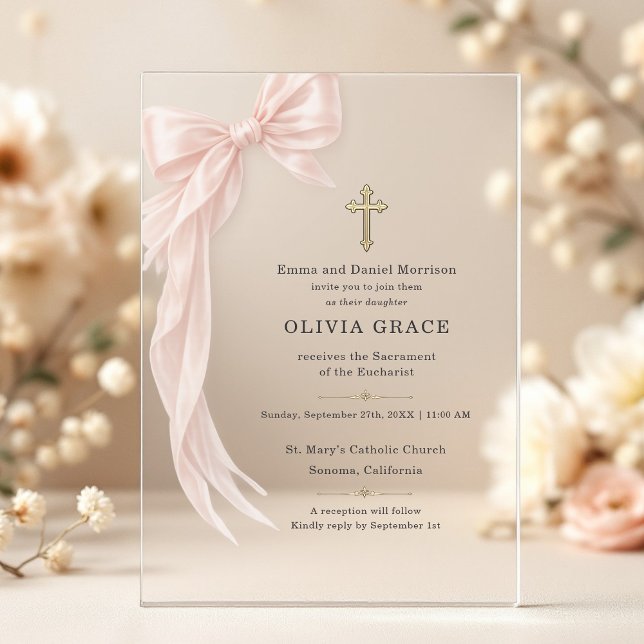 Invitaciones Acrílicas Primera Comunión Rosa Coquette Bow Niña  (Subido por el creador)