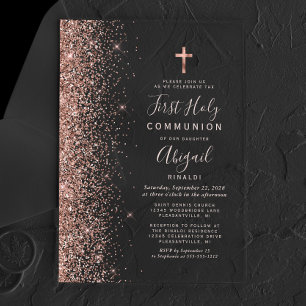 Invitaciones Acrílicas Primera Comunión Rosa Dorado Brillante Texto Rosa